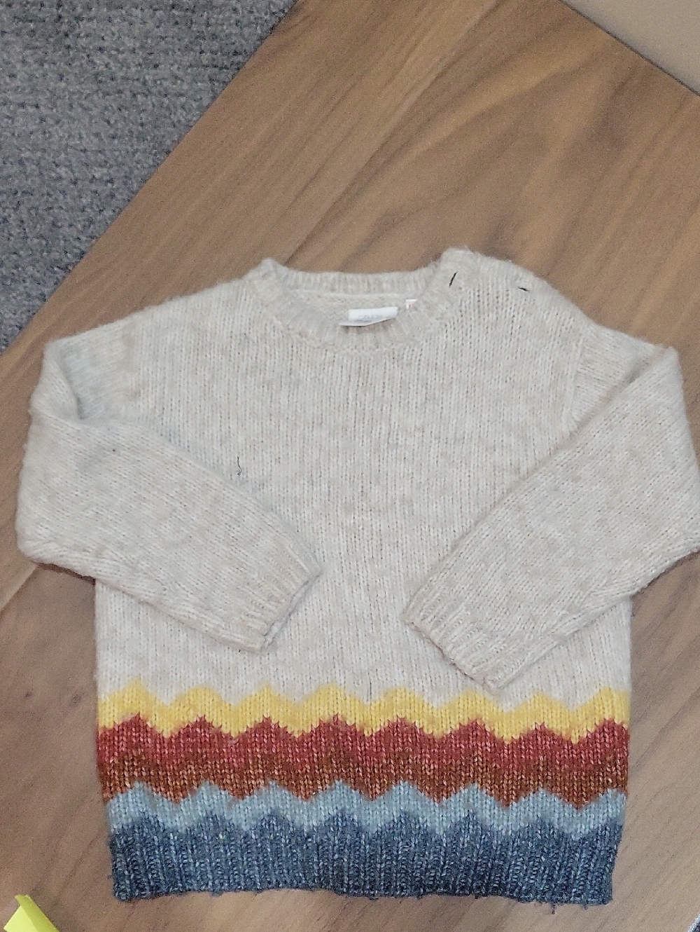 Zara Cream Crewneck Sweater with Multicolor Chevron Hem 18-24m